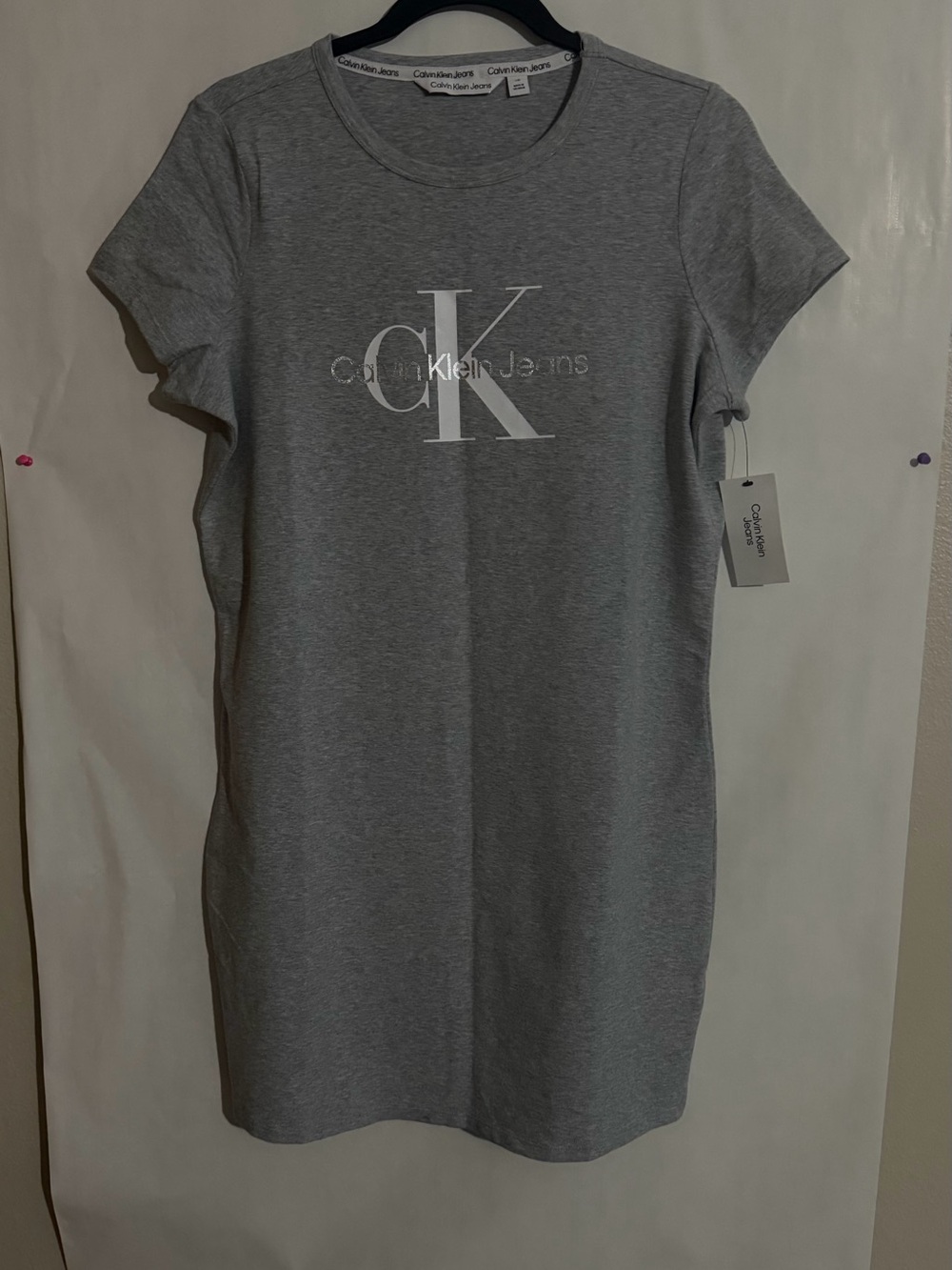 Calvin Klein women Gray Logo Tee Dress with White CK size L